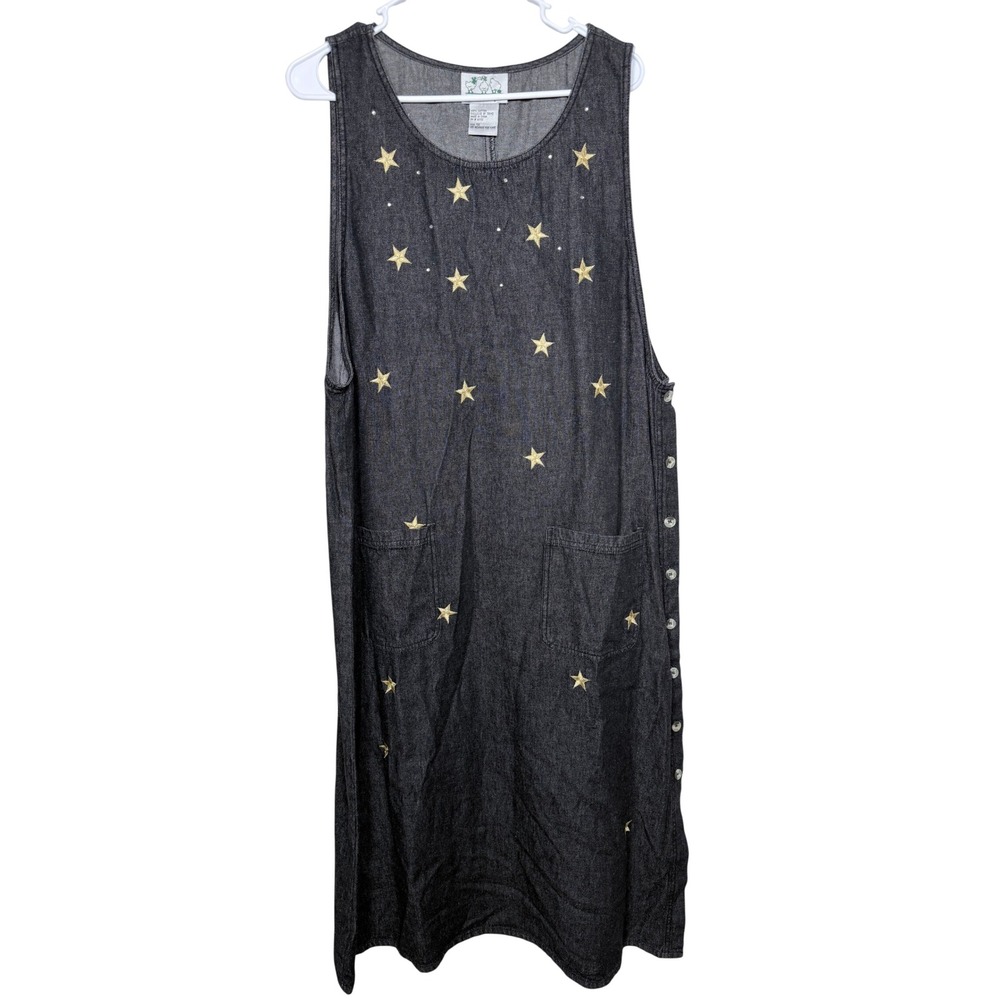 Quacker Factory Women Celestial Star Denim Jumper Dress 1X Black Gold Cosmic 50"